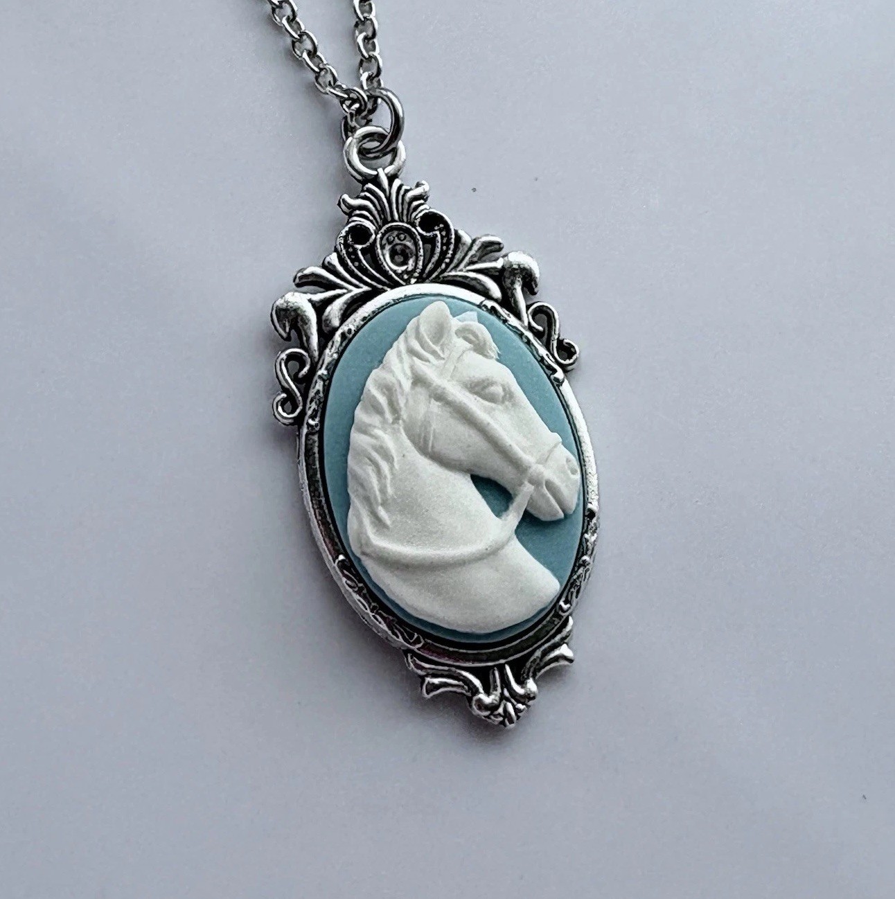 Horse Cameo Necklace, White/Blue, Victorian Vintage Style Antique Silver Pendant