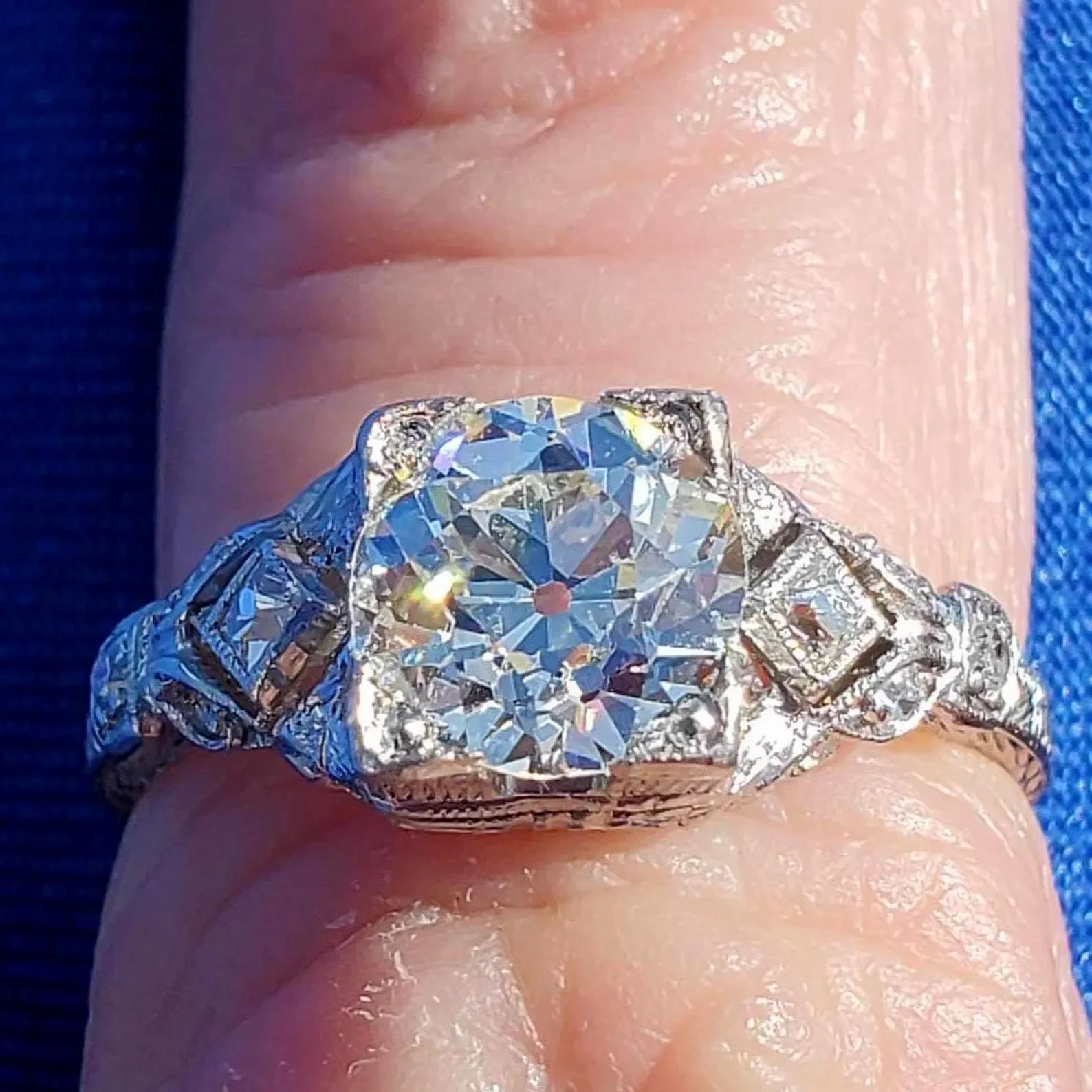 Original EARTH MINED DIAMOND Deco Engagement Ring 1.5 Antique Platinum Solitaire