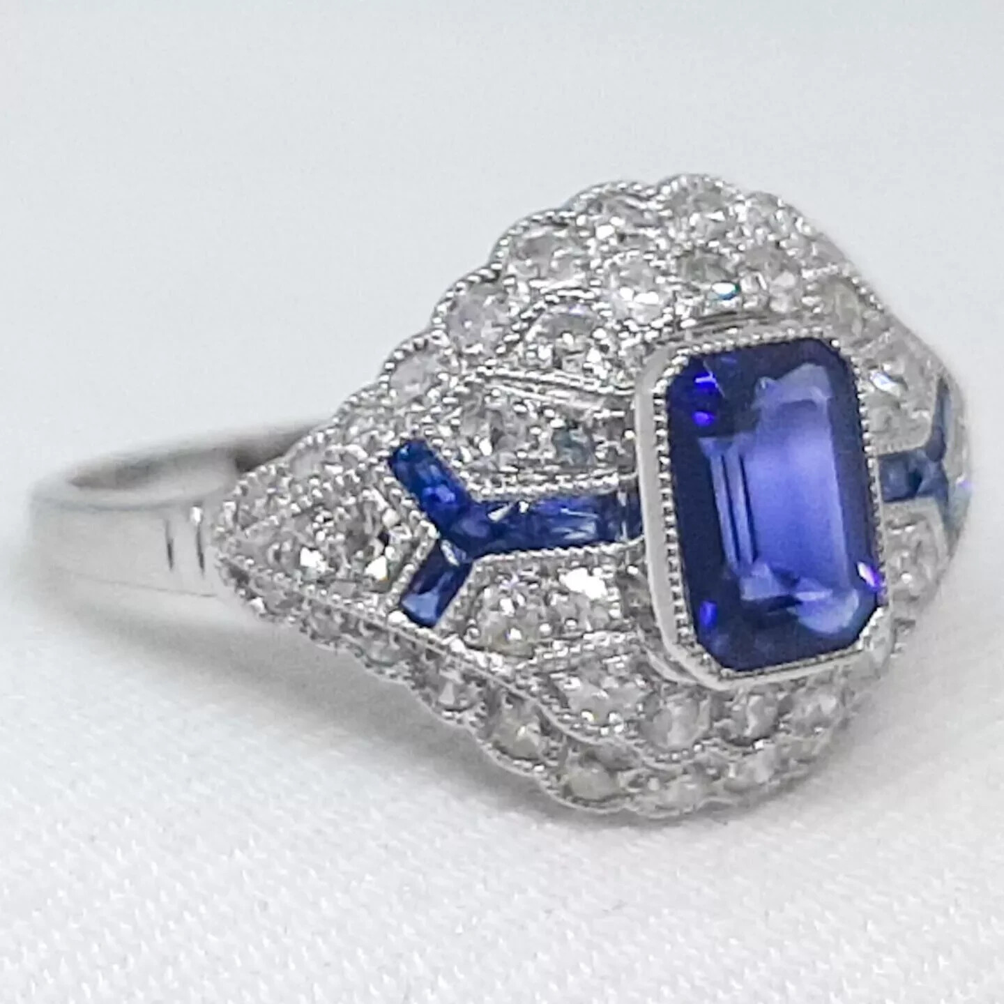 Art Deco Style 2.5Ct Sapphire Lab Created Diamond 14K White Gold FN Wedding Ring