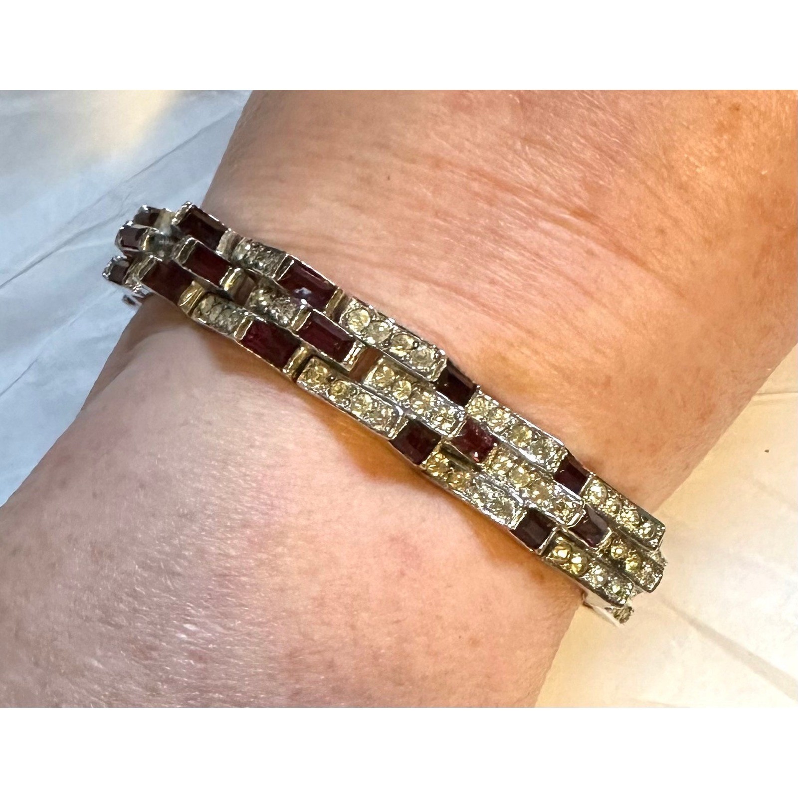 1950’s Mazer Bracelet Silver Tone w/ Red & Clear Rhinestones