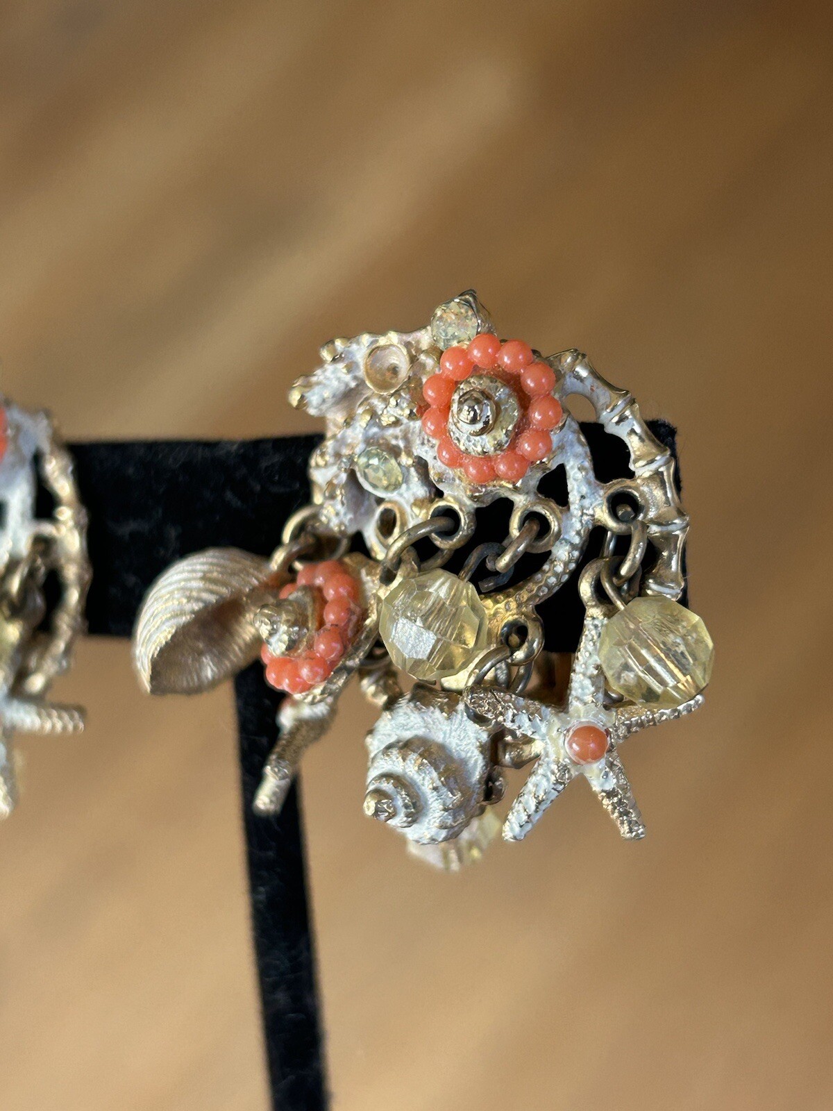 Vintage ART Arthur Pepper Clip Earrings Dangle Shells Beach AB Crystals REaD