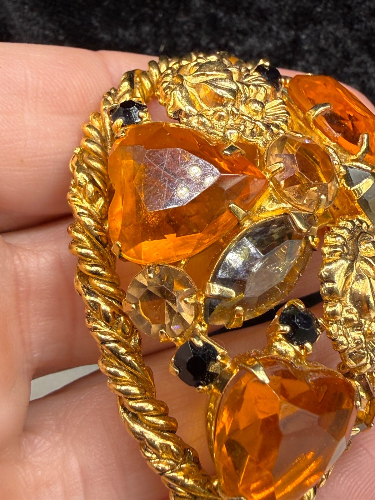 Vintage Rhinestone Brooch Orange Domed Fall Autumn