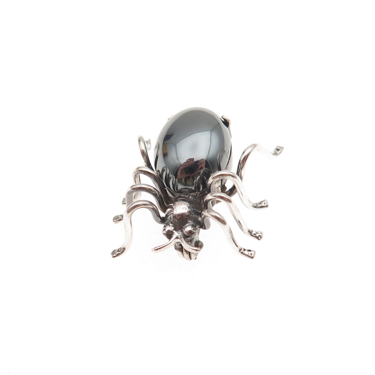835 Silver Antique Art Deco Real Hematite Spider Oxidized 3D Mini Pin Brooch