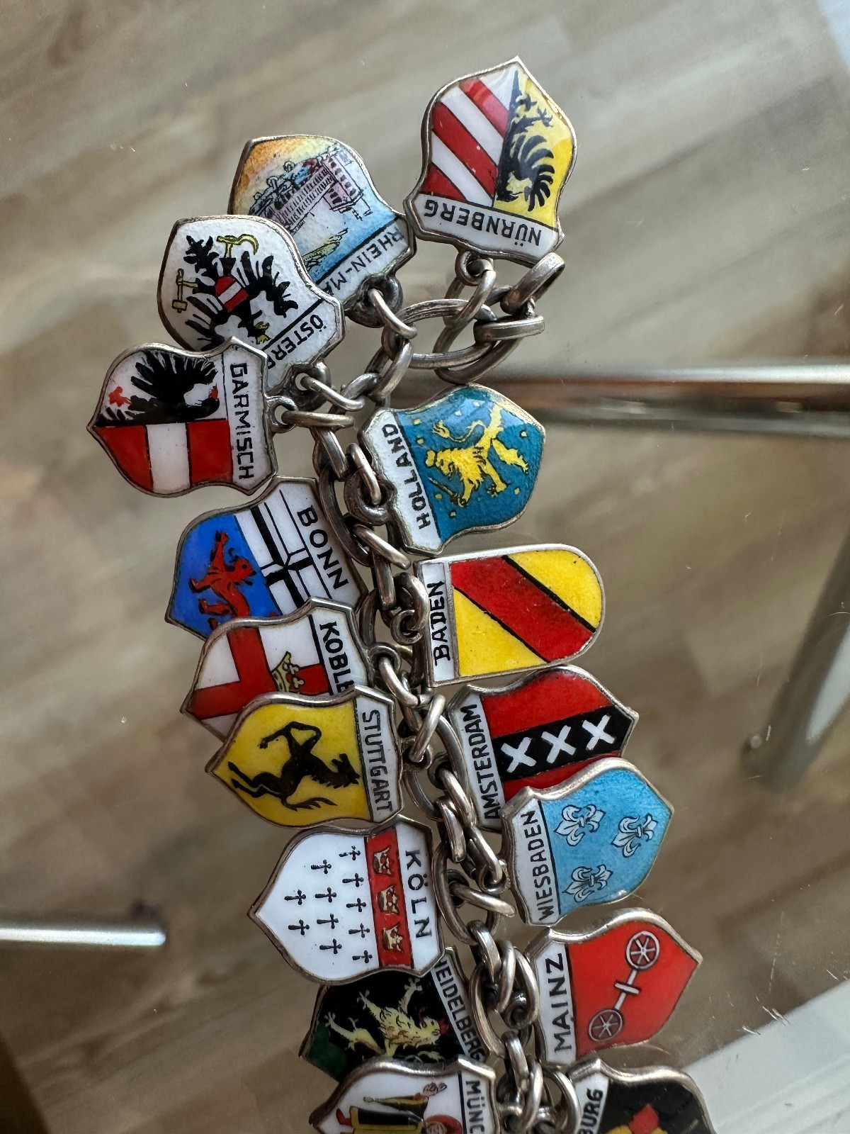 Sterling Silver Charm Bracelet & 35 Enamel European US Souvenir Travel Shields