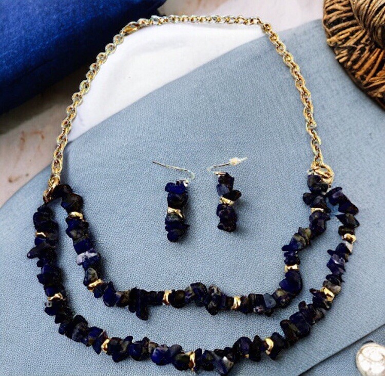 Lapis Necklace & Earring SET Lazuli Blue Natural Gravel Chip Gemstones