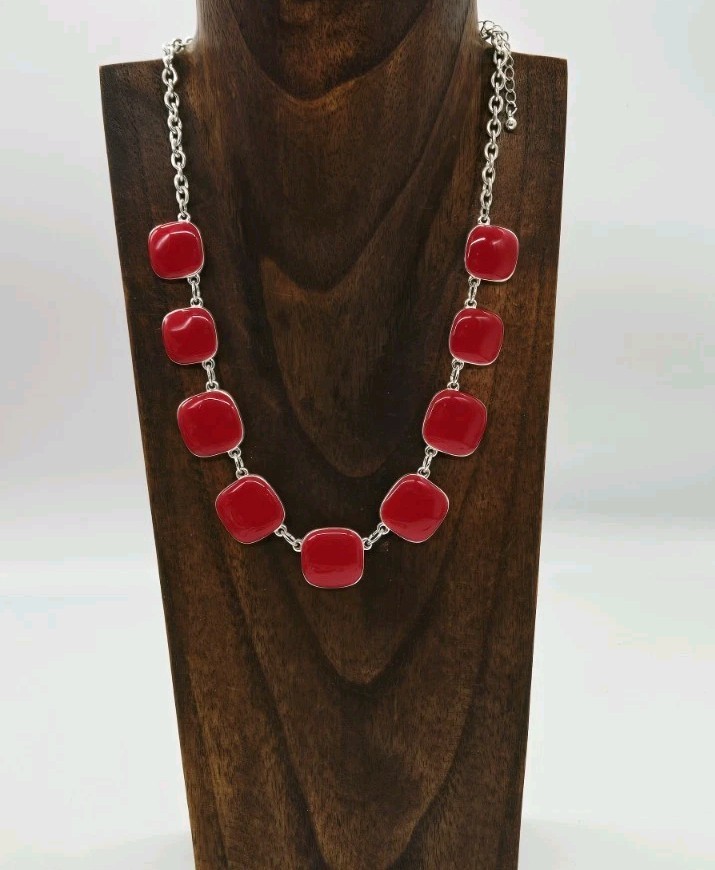 Red Enamel Square Link Necklace Silver tone Art Deco Collar Vintage 21 in
