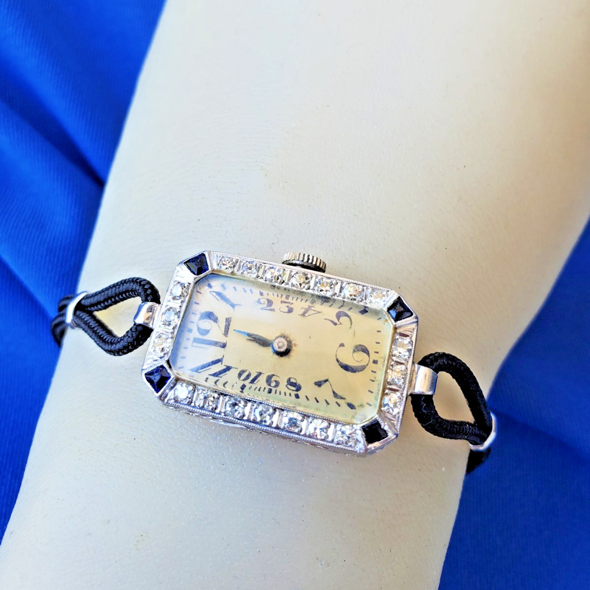Original EARTH MINED DIAMOND Deco Sapphire Watch Antique PLATINUM Statement 1920