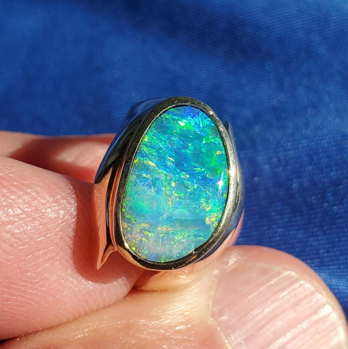 Original EARTH MINED Black OPAL Deco Ring Designer Hand made SOLID 14K GOLD 6.25