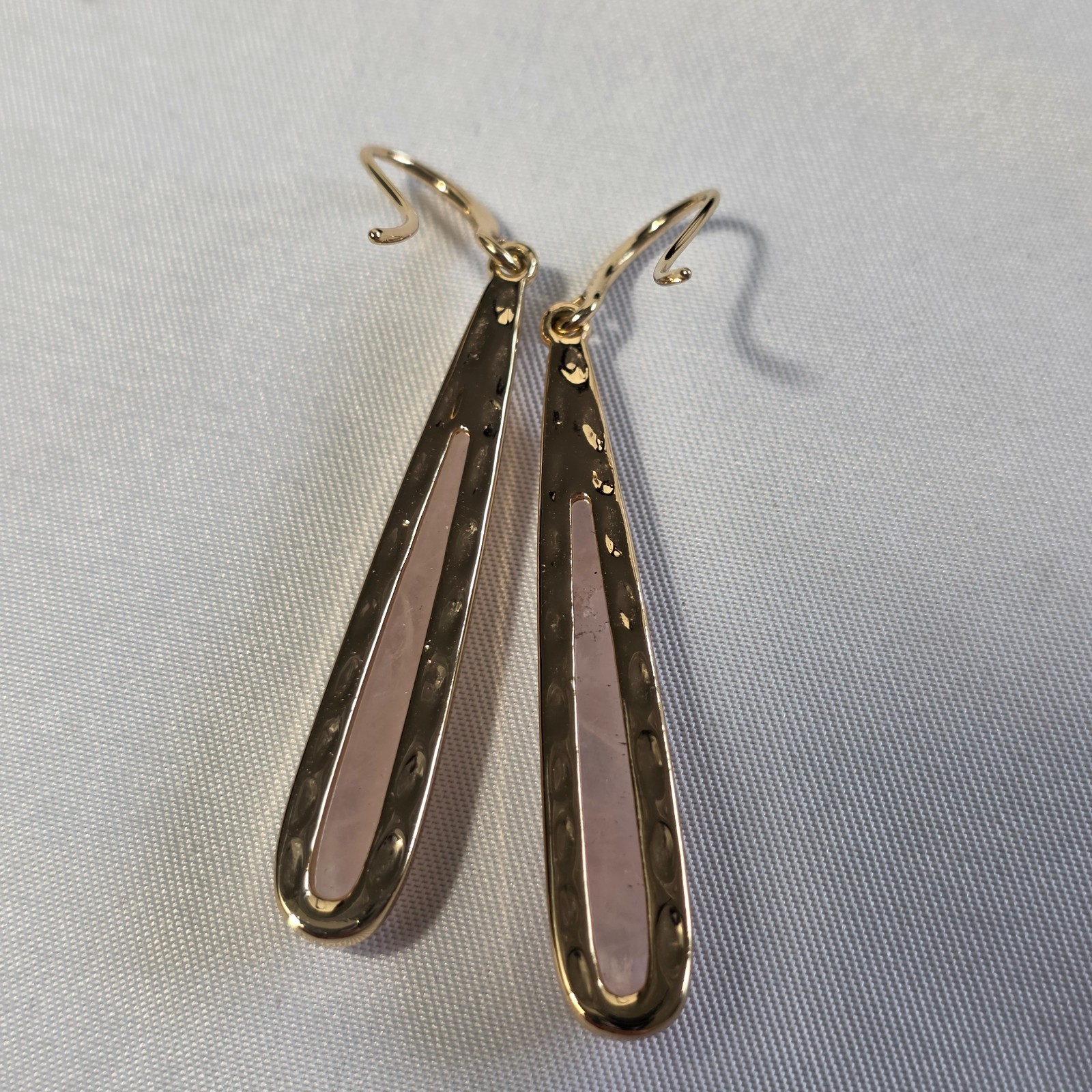 Linear Drop Wire Earrings Elongated Rose Quartz Teardrops in Gold-Tone Metal