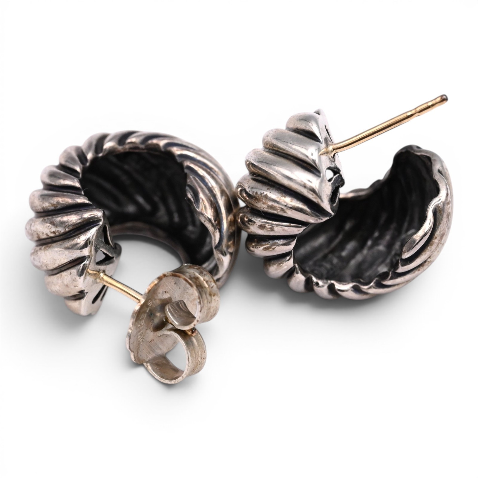 VINTAGE DAVID YURMAN CABLE SHRIMP HOOP EARRINGS STERLING SILVER 14K GOLD SIGNED