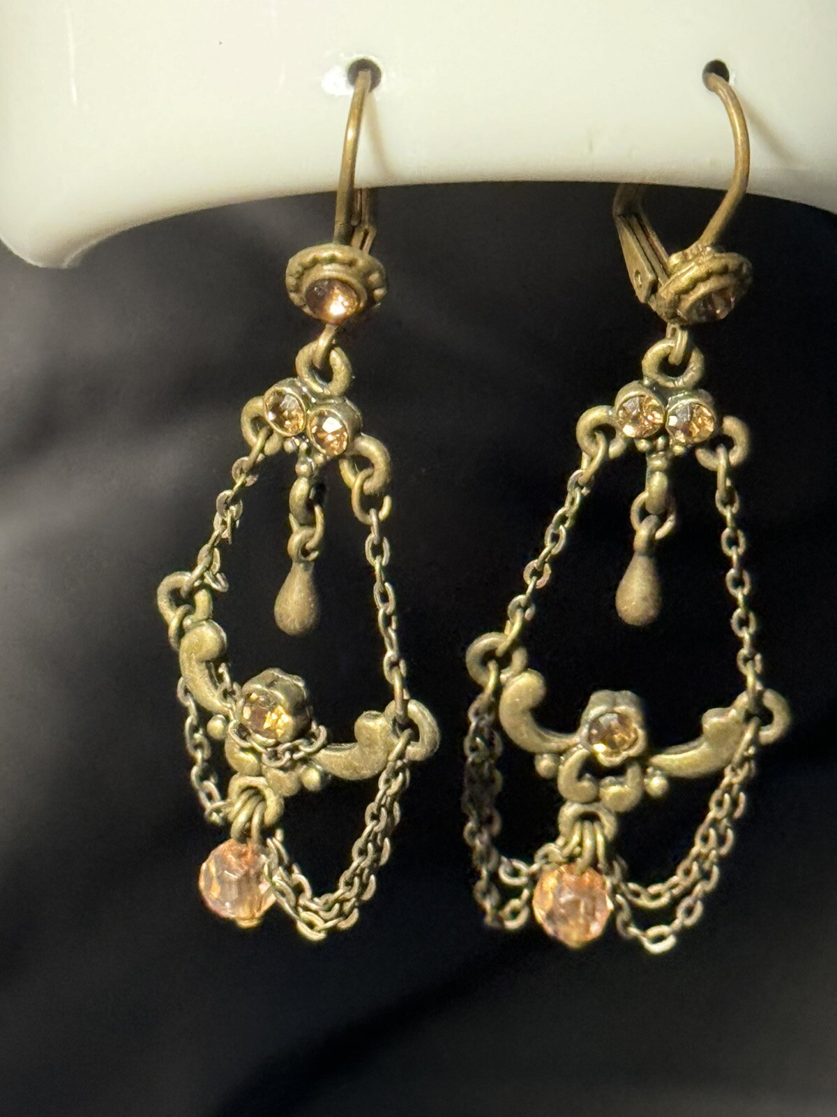 Antique Chandelier Peach Beads Earrings Alloy Metal Self Clasp Beautiful 2inch