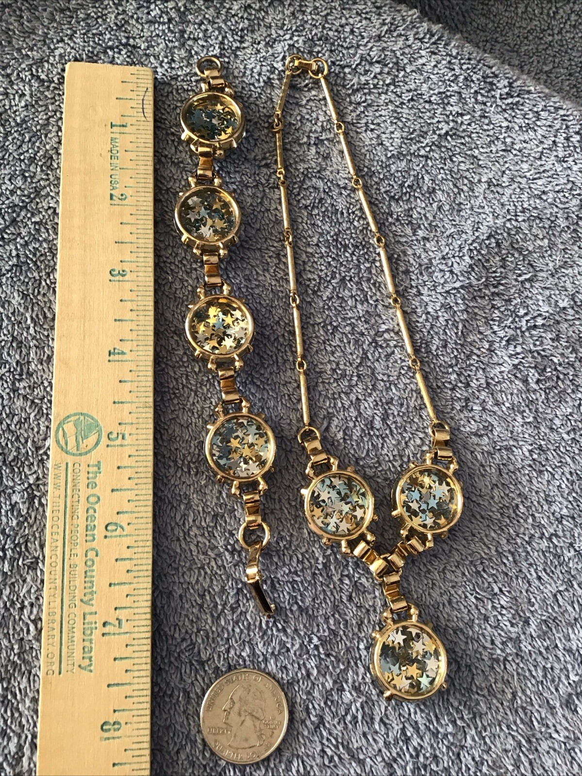 Vtg Confetti Necklace Bracelet Set Gold StarIntaglio Y Drop Pendant Choker Lot 2