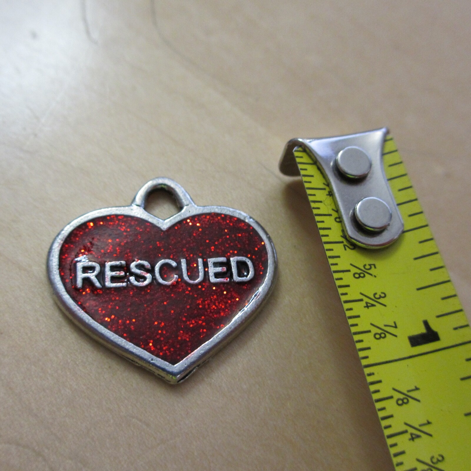 mini 1″ charm RESCUED pet dog cat red glitter enameled heart rescue sparkly retr