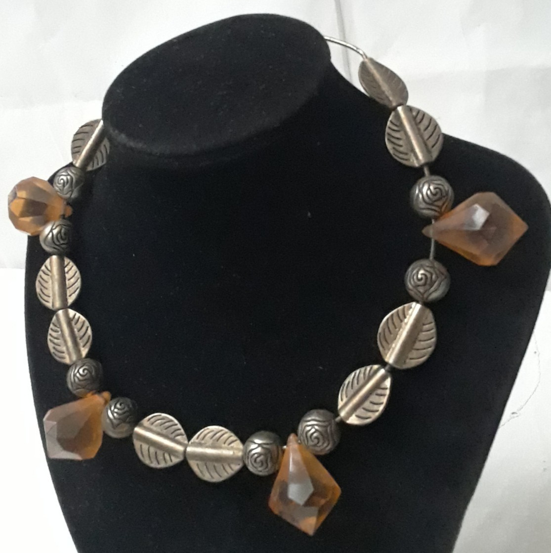Vintage Handmade Silver Tone Chocker Necklace with Amber Beads 10 in