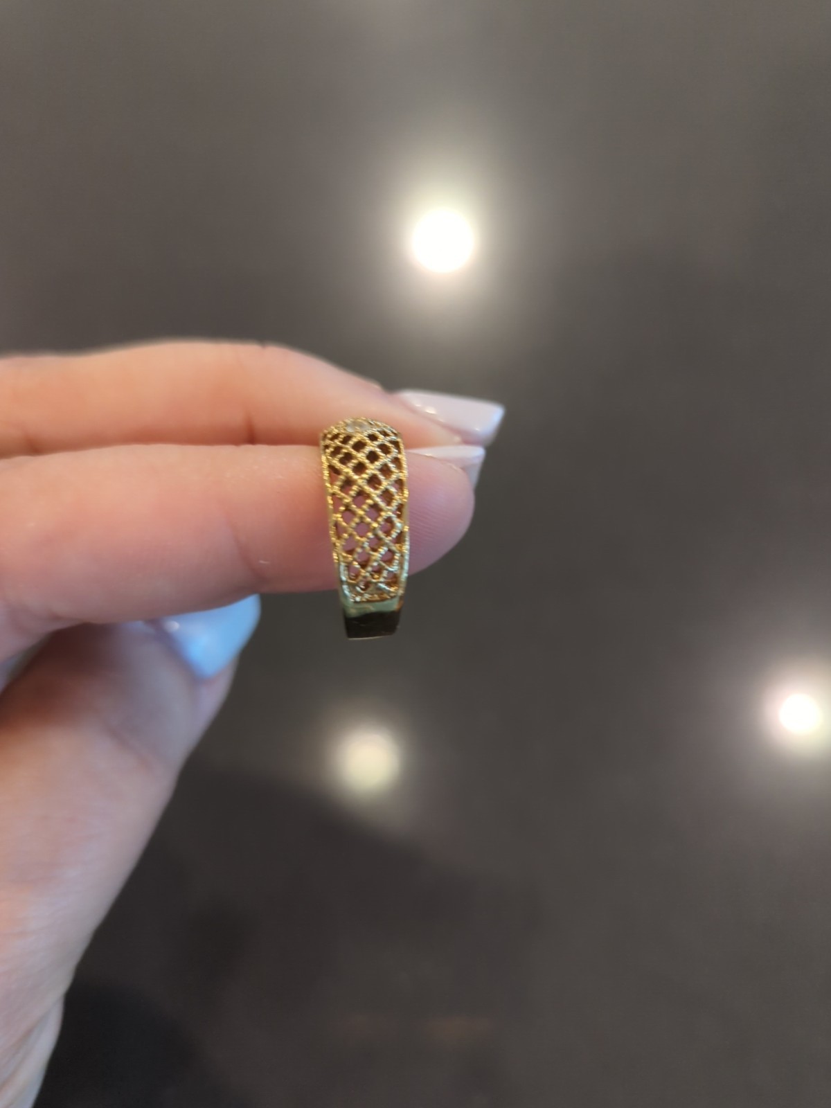 Avon Lattice Lace Rhinestone RING size 7.5 Nickel Free Gold Plated 70s VTG N30