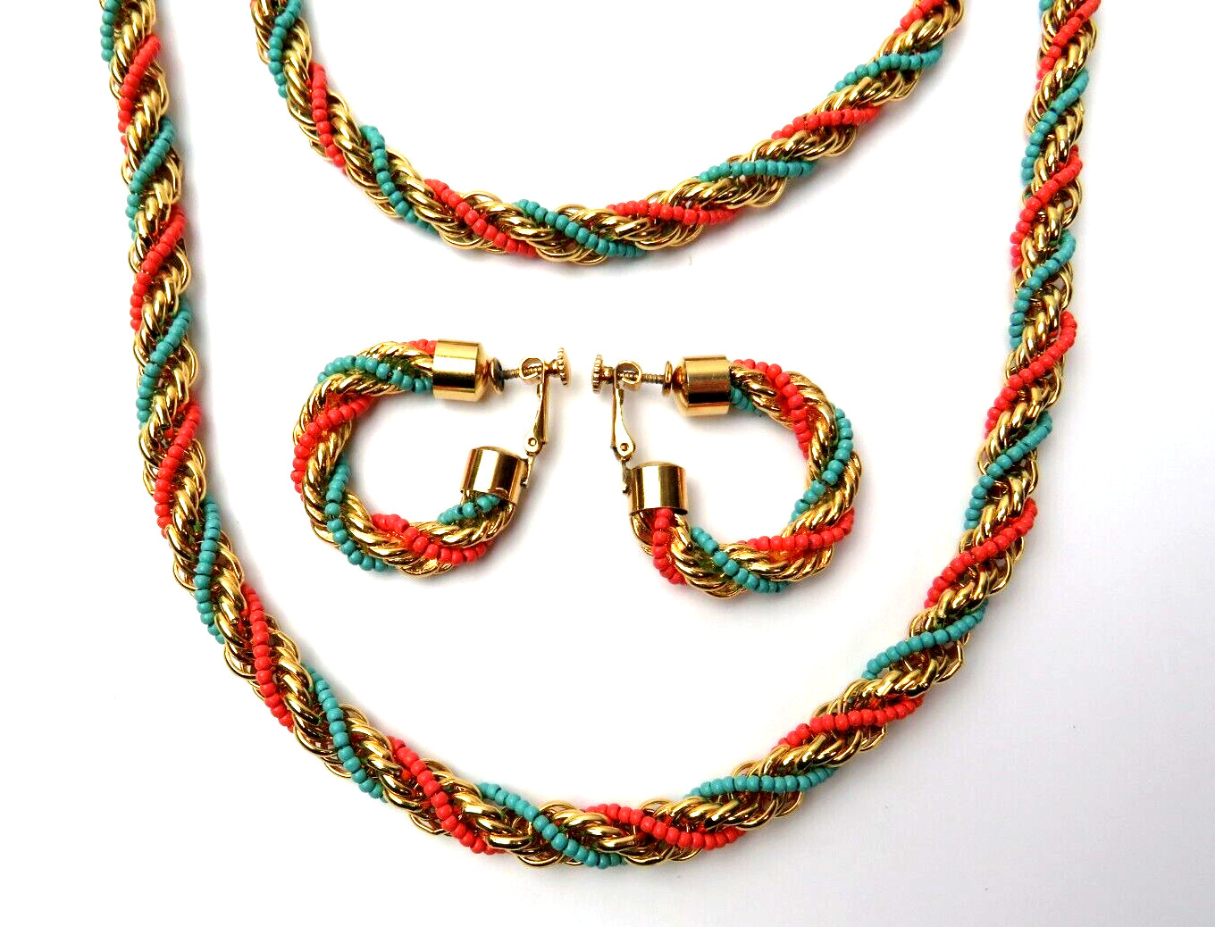 VTG 1950s 60s DOUBLE STRAND EGYPTIAN REVIVAL RUNWAY NECKLACE & EARRINGS GOLDEN