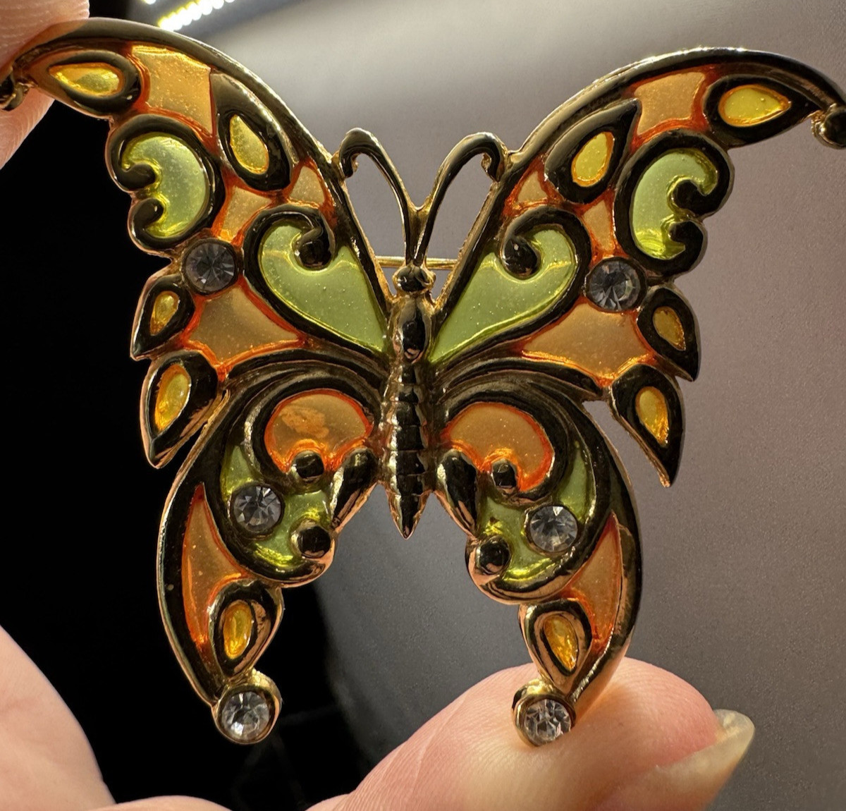 R. Steinmertz SFJ Butterfly Brooch Lapel Pin Goldtone Stained Glass 1970’s