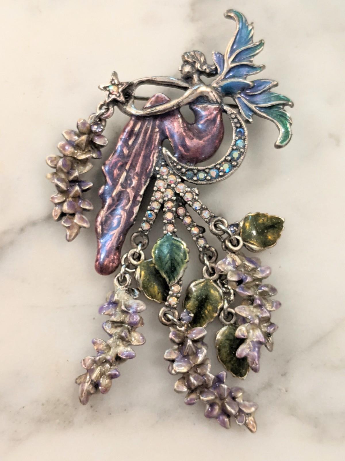 Kirks Folly Enchanted Fairy Moon Brooch Wisteria Flowers silvertone