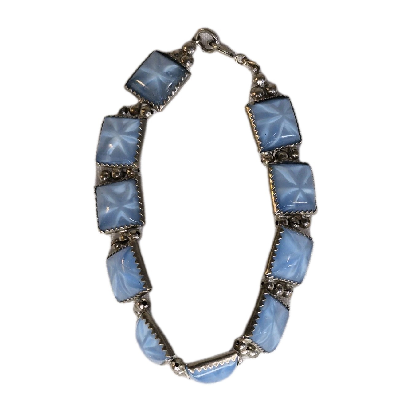 Blue Opaline Star Czech Glass Bracelet Square Silvertone Link 7 Inches Vintage