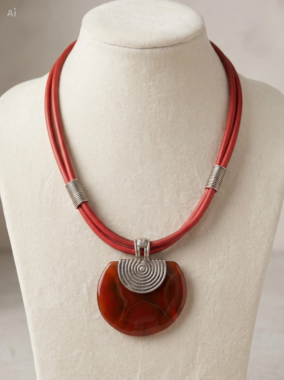 Red Necklace Chunky Lucite Pendant Boho Tribal