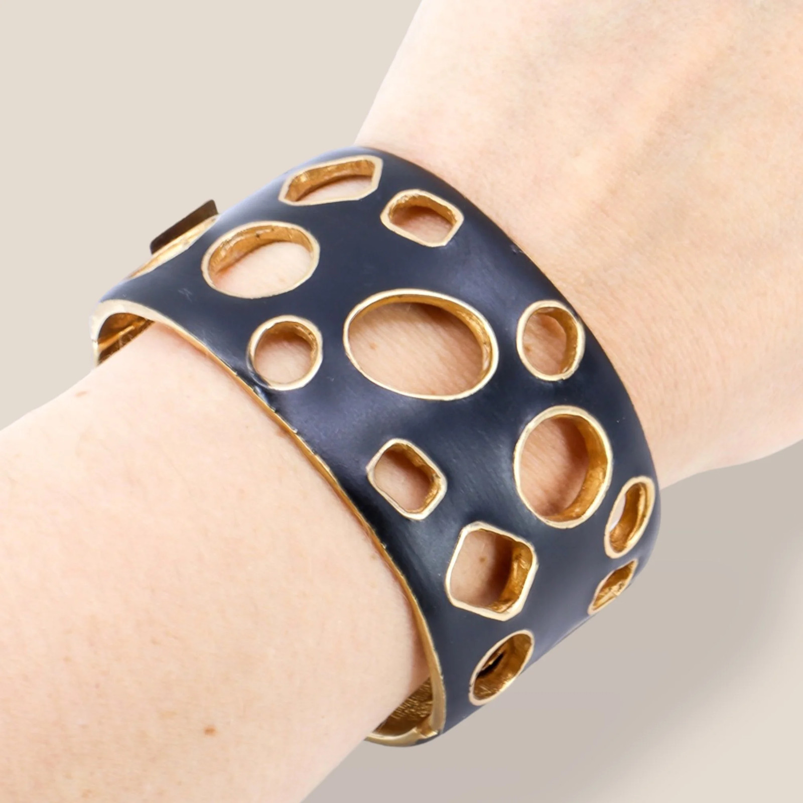 CINER, Signed Vintage, 18k Gold Plated, Jet Enamel Geometric Bracelet