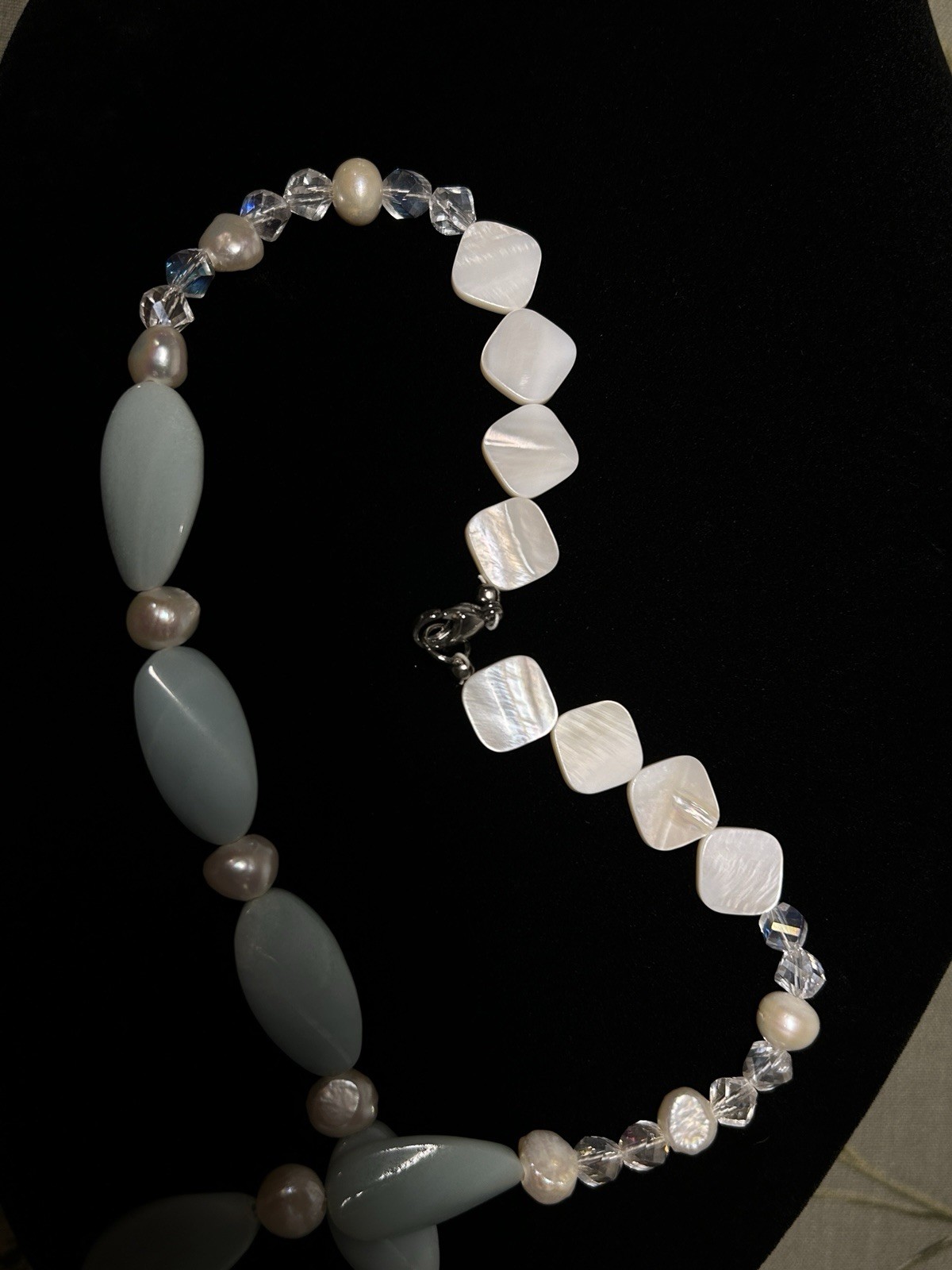 Carved Stone Fresh Water Pearls MOP Aurora Crystal Beaded Necklace