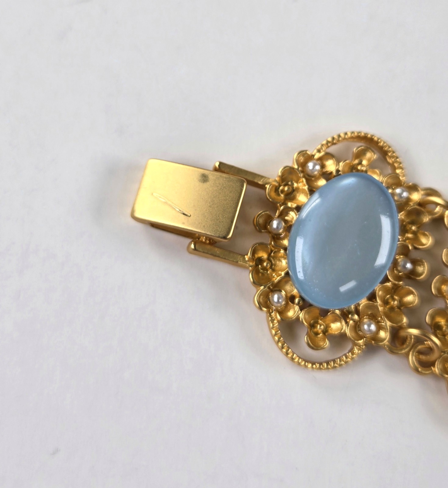 Moonglow Blue Lucite Gold Link Collar, Vintage Filigree Choker Necklace