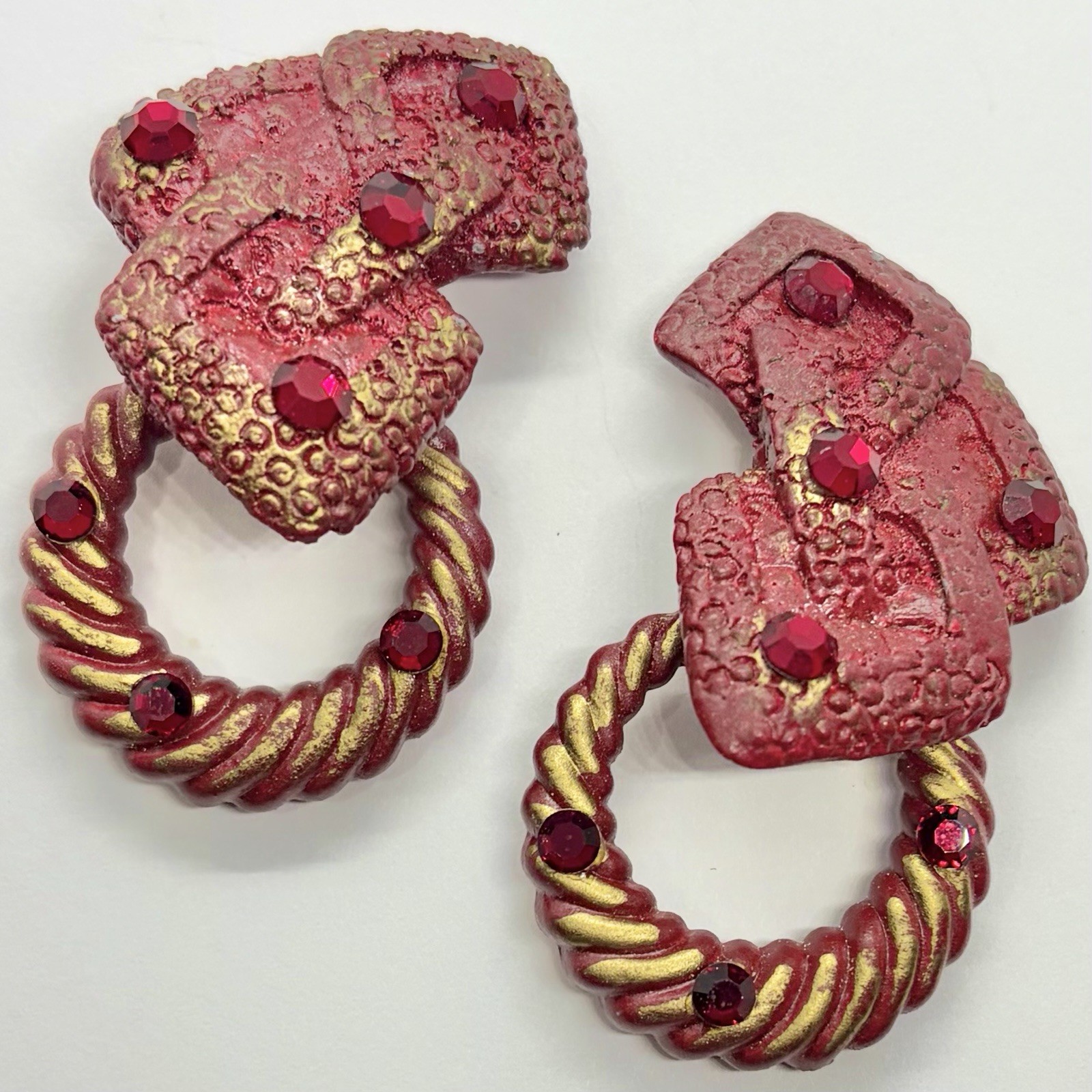 Vtg 80’s Designer Signed Red Gold Lucite Rhinestone Door Knocker Earrings Clip
