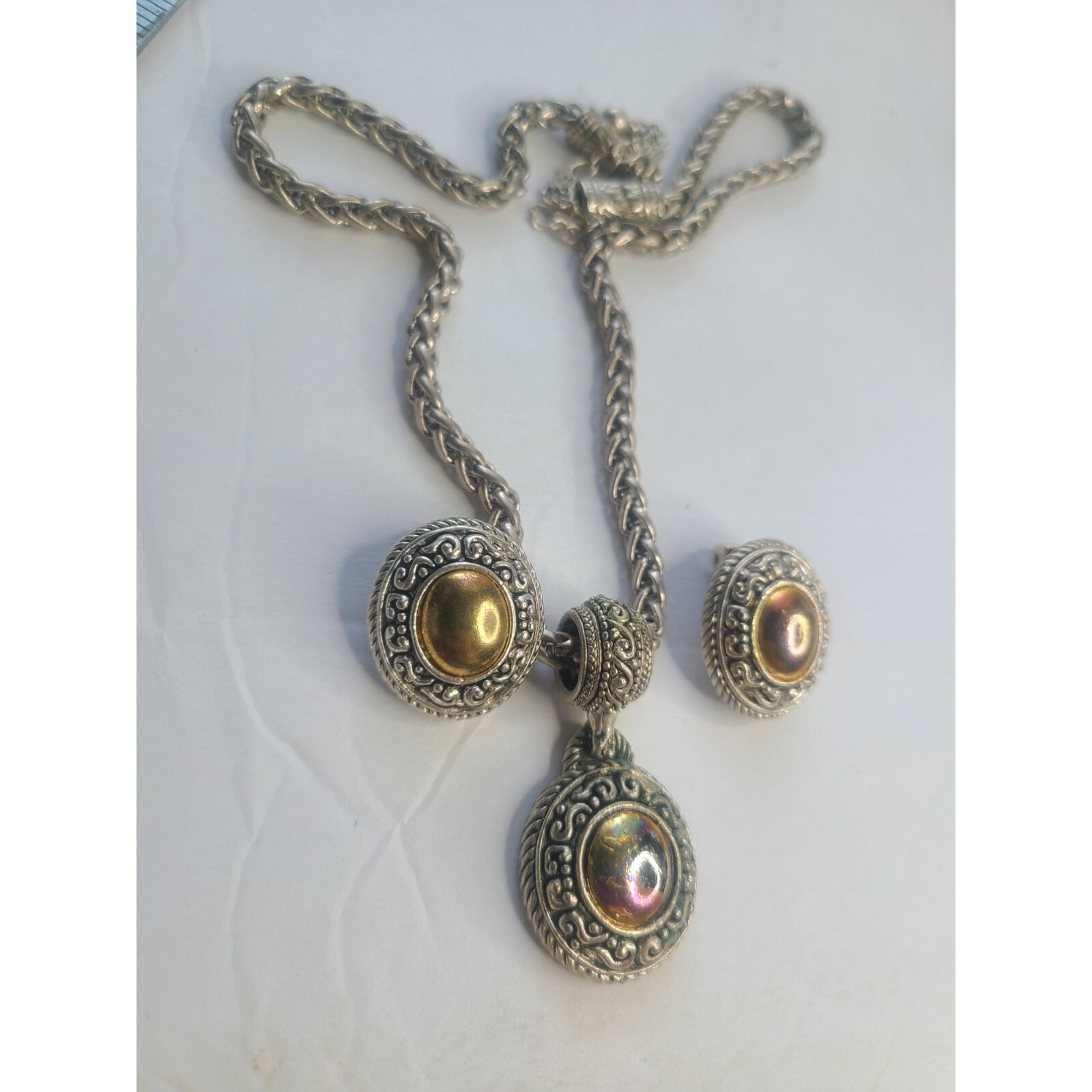 Vintage Avon Bohemian Silver & Gold Tone Jewelry Set Necklace & ClipOn Earrings