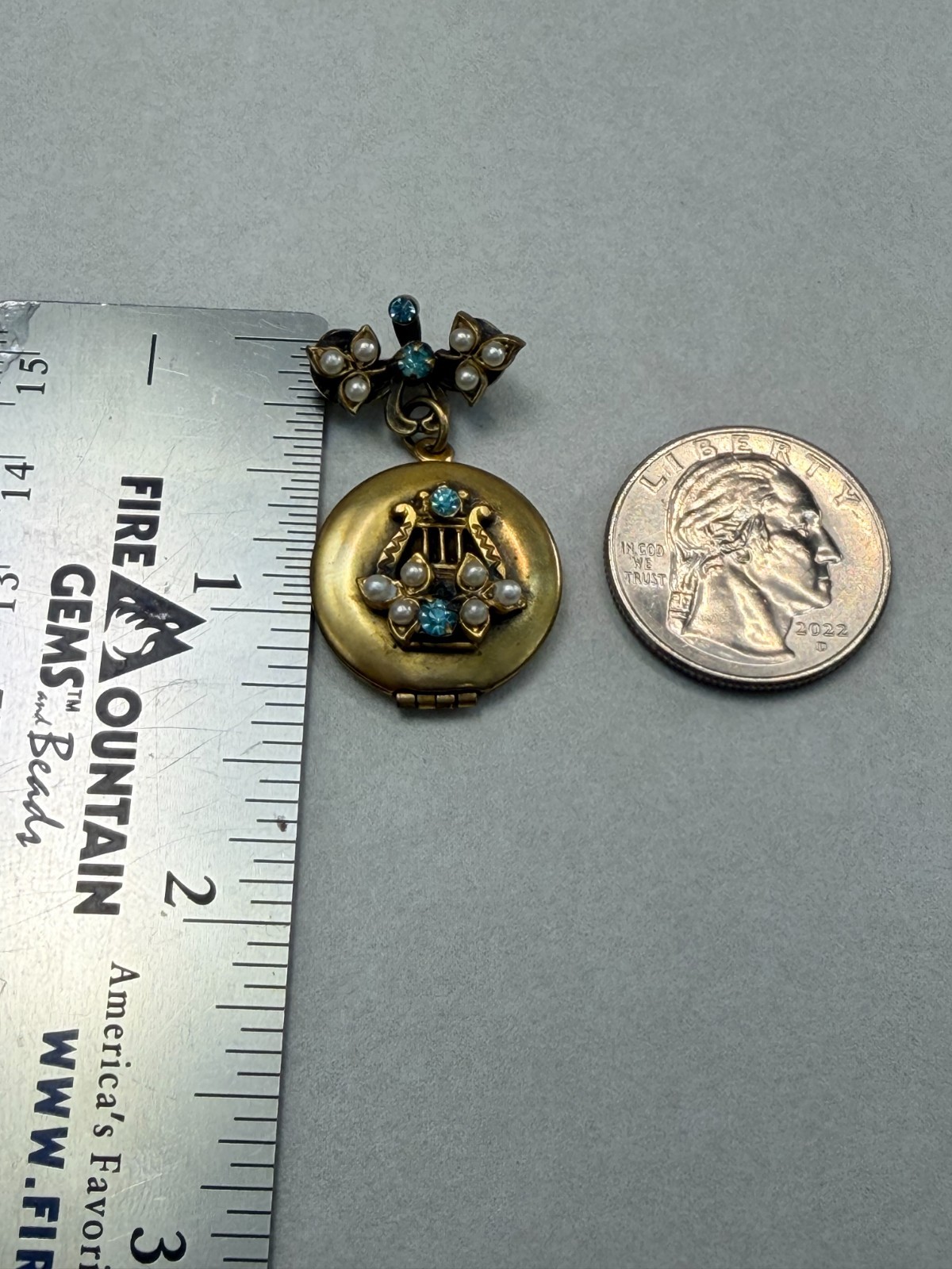 Vintage Gold Tone Locket Pendant Blue Rhinestone Faux Pearl Charm