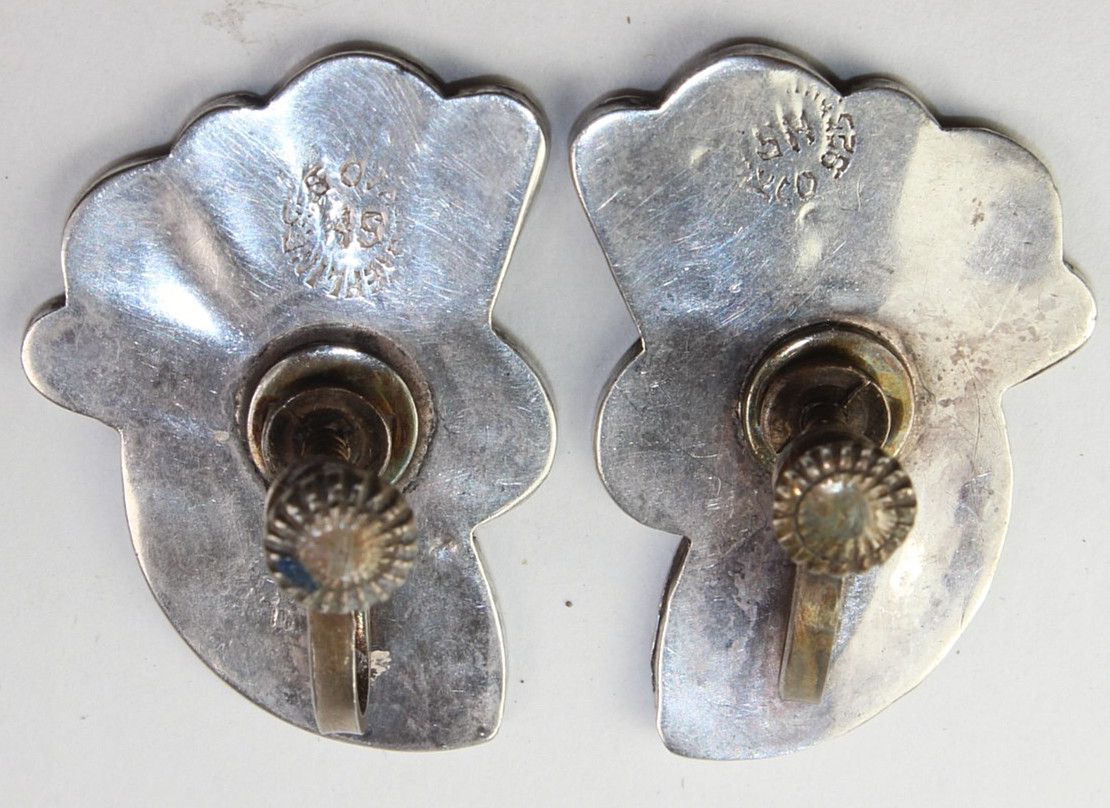 Vtg Sterling & Abalone Shell Earrings Signed, Silver Screw Back 1-1/8″ Mexico