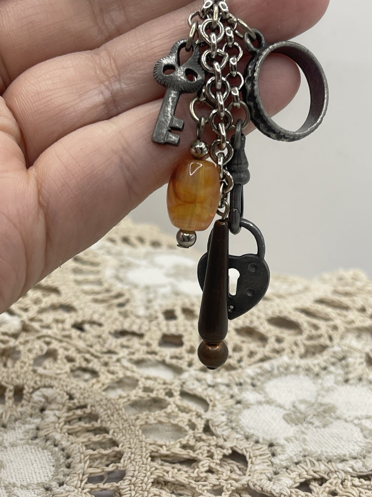 Vtg Steampunk Wings Dangle Chain Charm Pewter Brooch Pin Glass Copper 4”
