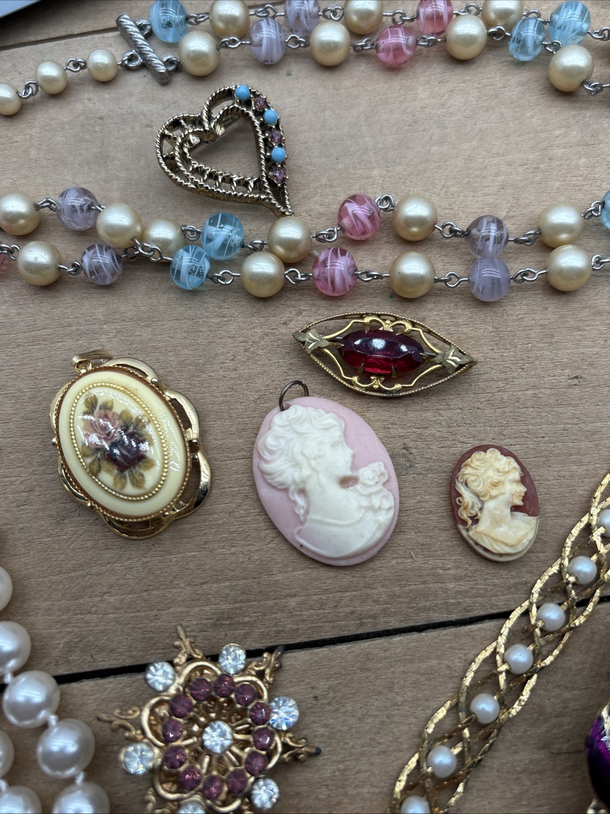 VTG Estate Jewelry Gold/Silver Tone Cameo Rhinestone C-Clasp Some Signed NICE 20