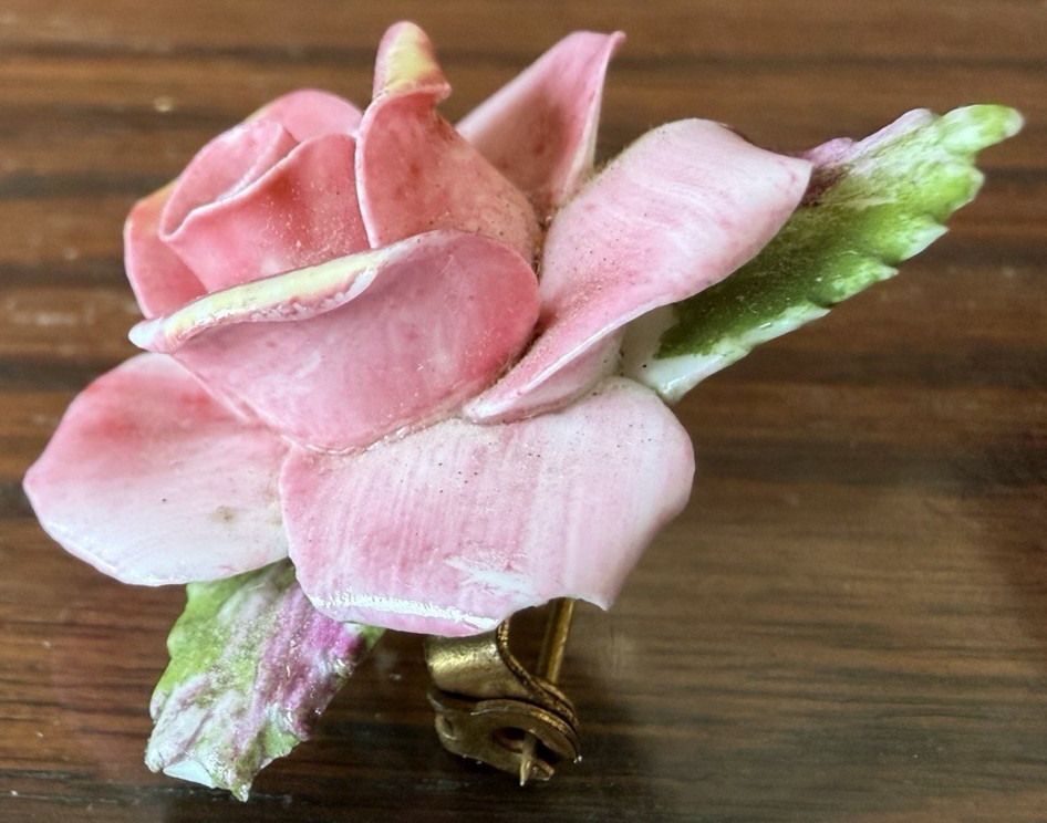 Vintage Porcelain Pink Rose Brooch Pin Made in England in Very Good Condition