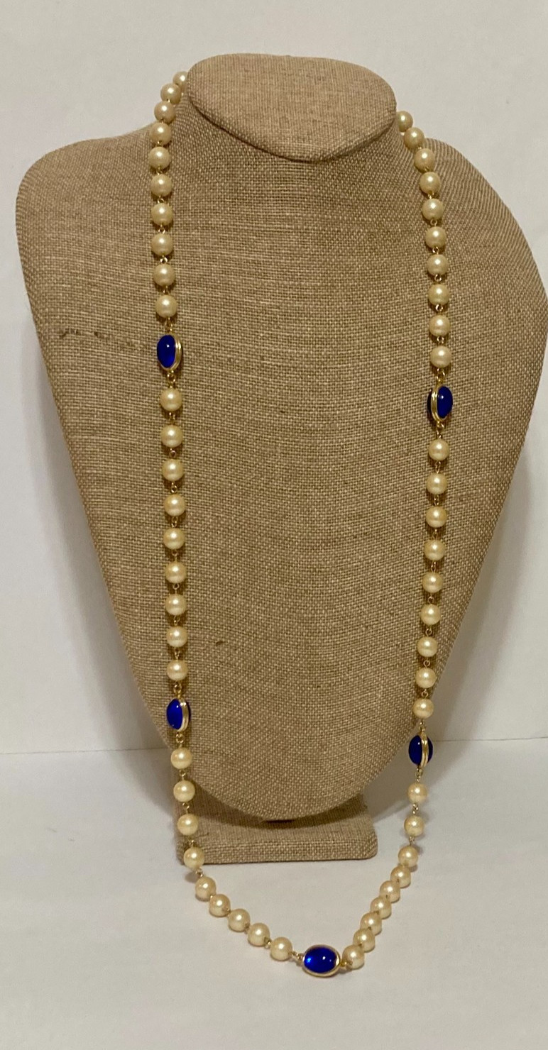 Vintage Faux Pearl Beaded Necklace Bezel Cobalt Blue Cabochon Opera Flapper 42″