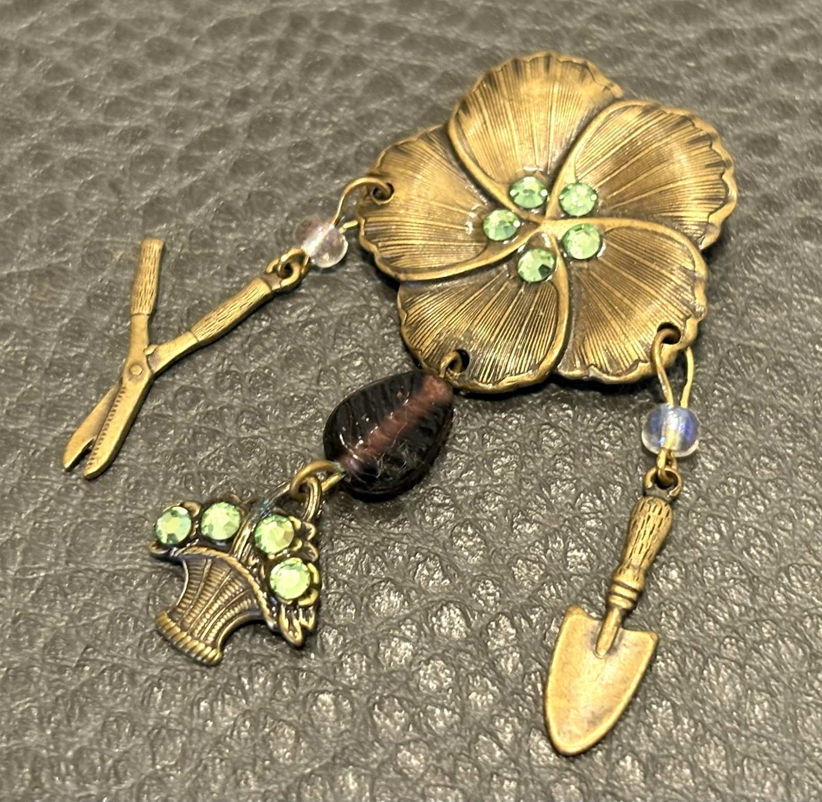 Vintage Pansy Brooch Garden Tools Dangle Flower Basket Gold Tone Rhinestones