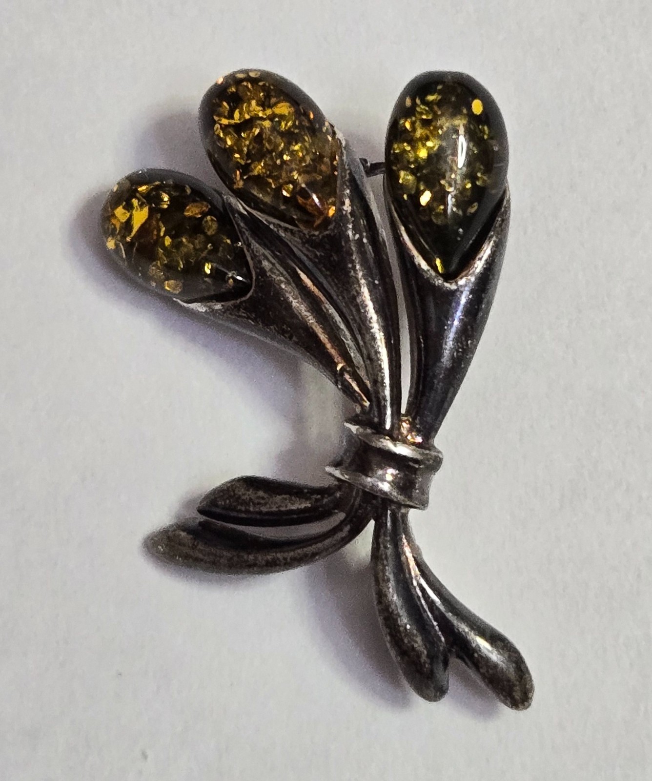 Vintage Signed Green Natural Amber Pin / Brooch, Sterling Silver, Latvia