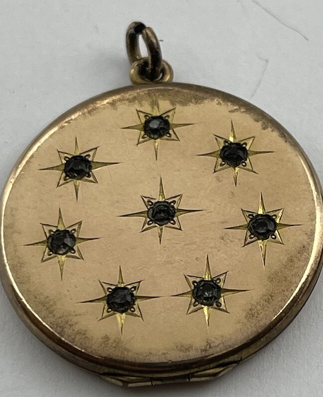 Antique Art Nouveau Rolled Gold Stars Round Locket Pendant with 8 Paste Stones