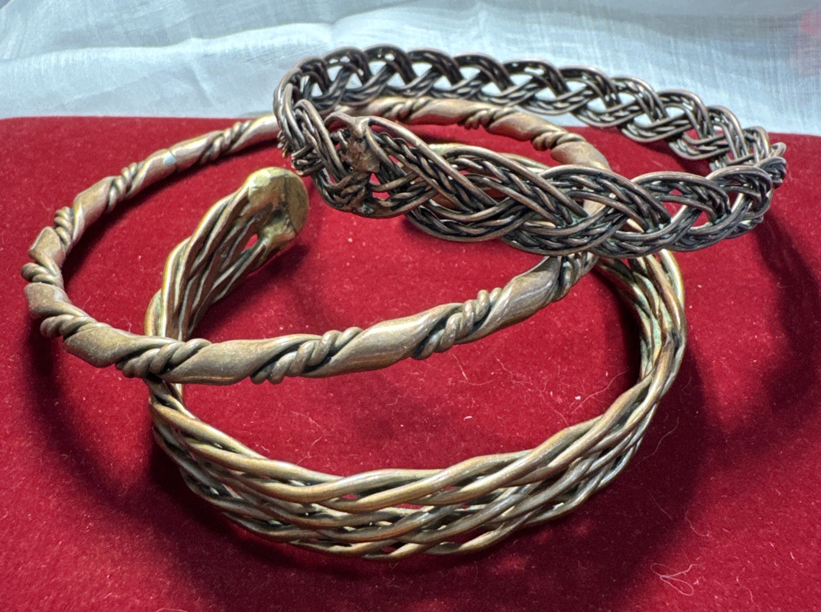 Vintage Copper Cuff Bracelet Set 3 Stackable Braided Woven Bangle