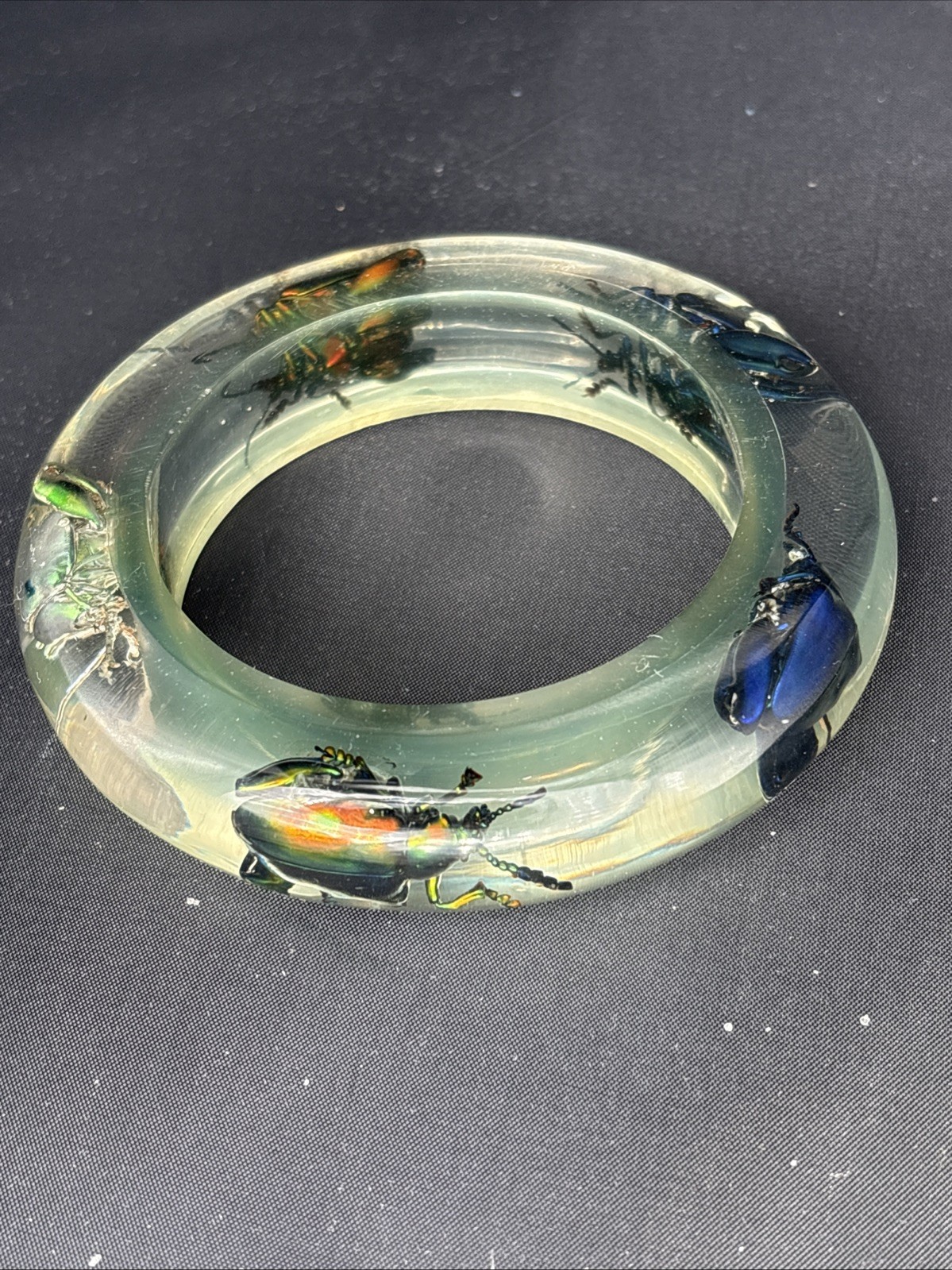 Vtg Metallic Frog Legged Beetle Bracelet Translucent Resin, Med 1960s, NOS (#9)