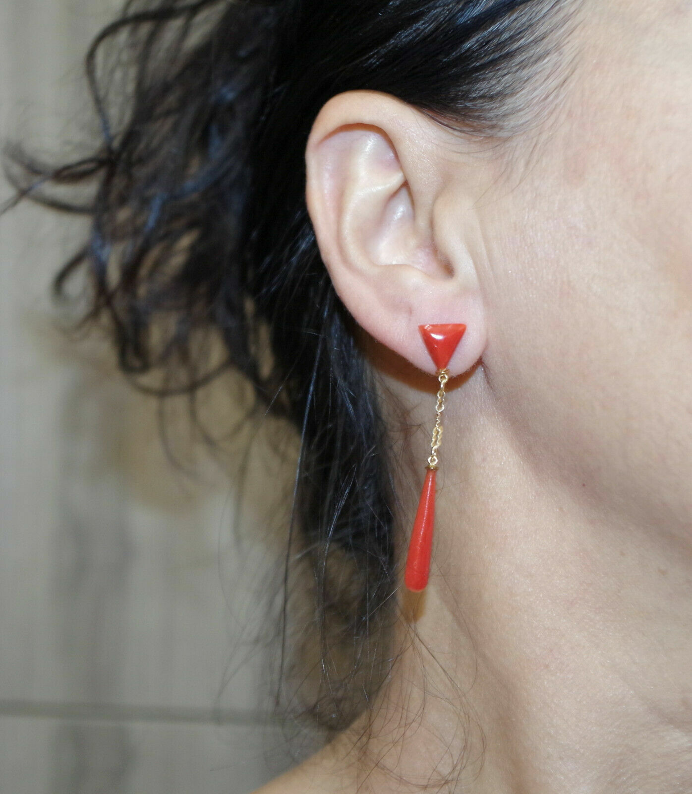 14K 52MM Ox Red Italian Triangular Stud Coral Teardrop Earrings Made to Order