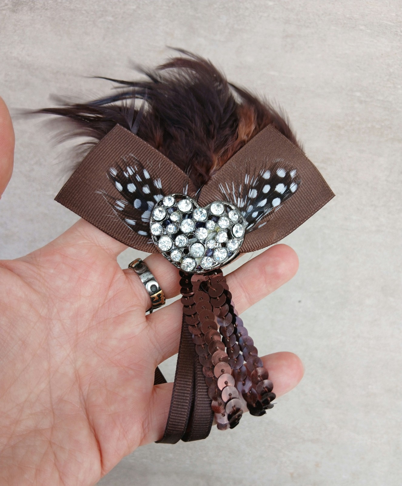 Vintage Feather Rhinestone Brooch Pin Brown Ribbon Lapel Pin Women Gift