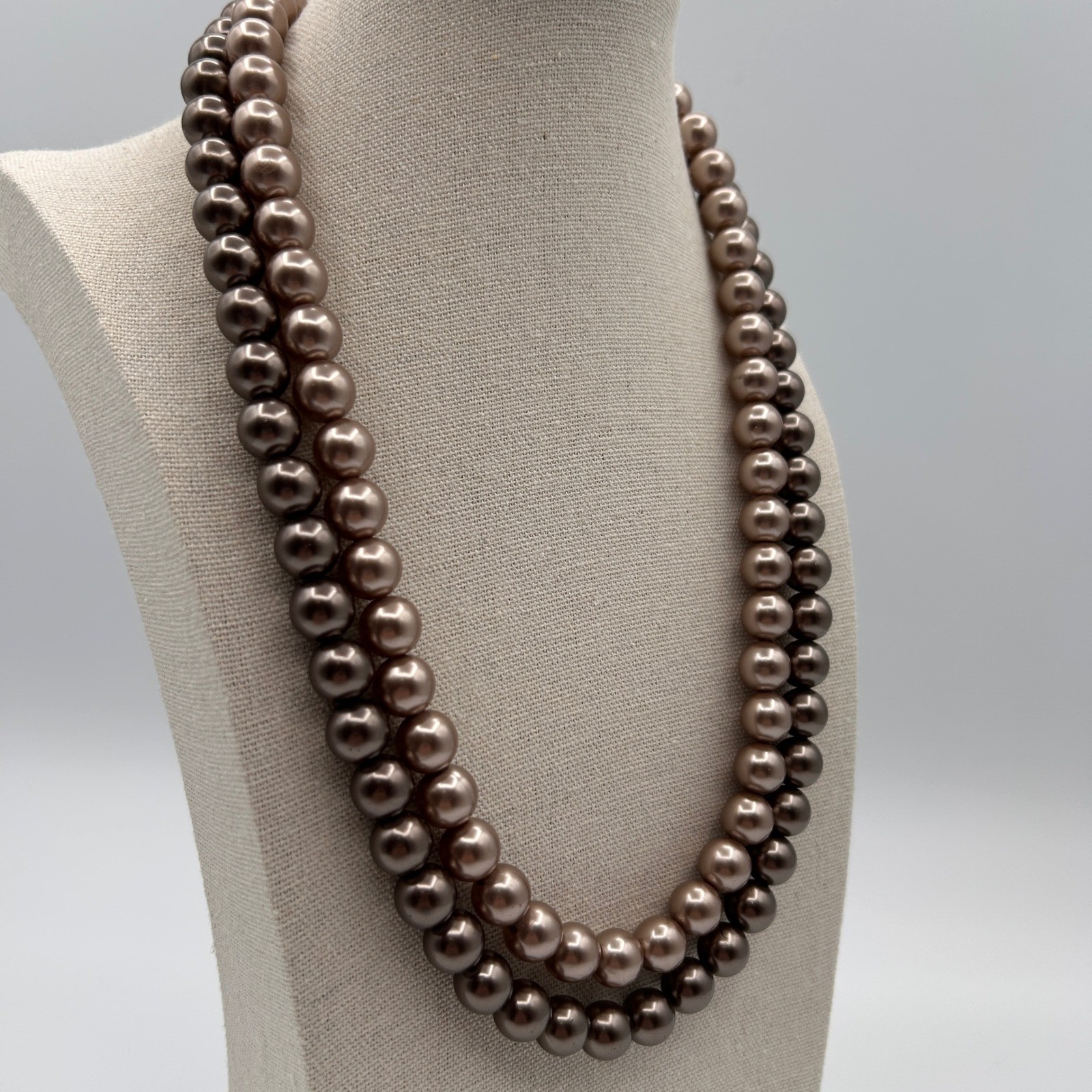 Vintage Hong Kong Double Strand Bronze Faux Pearl Necklace Mocha Brown Graduated