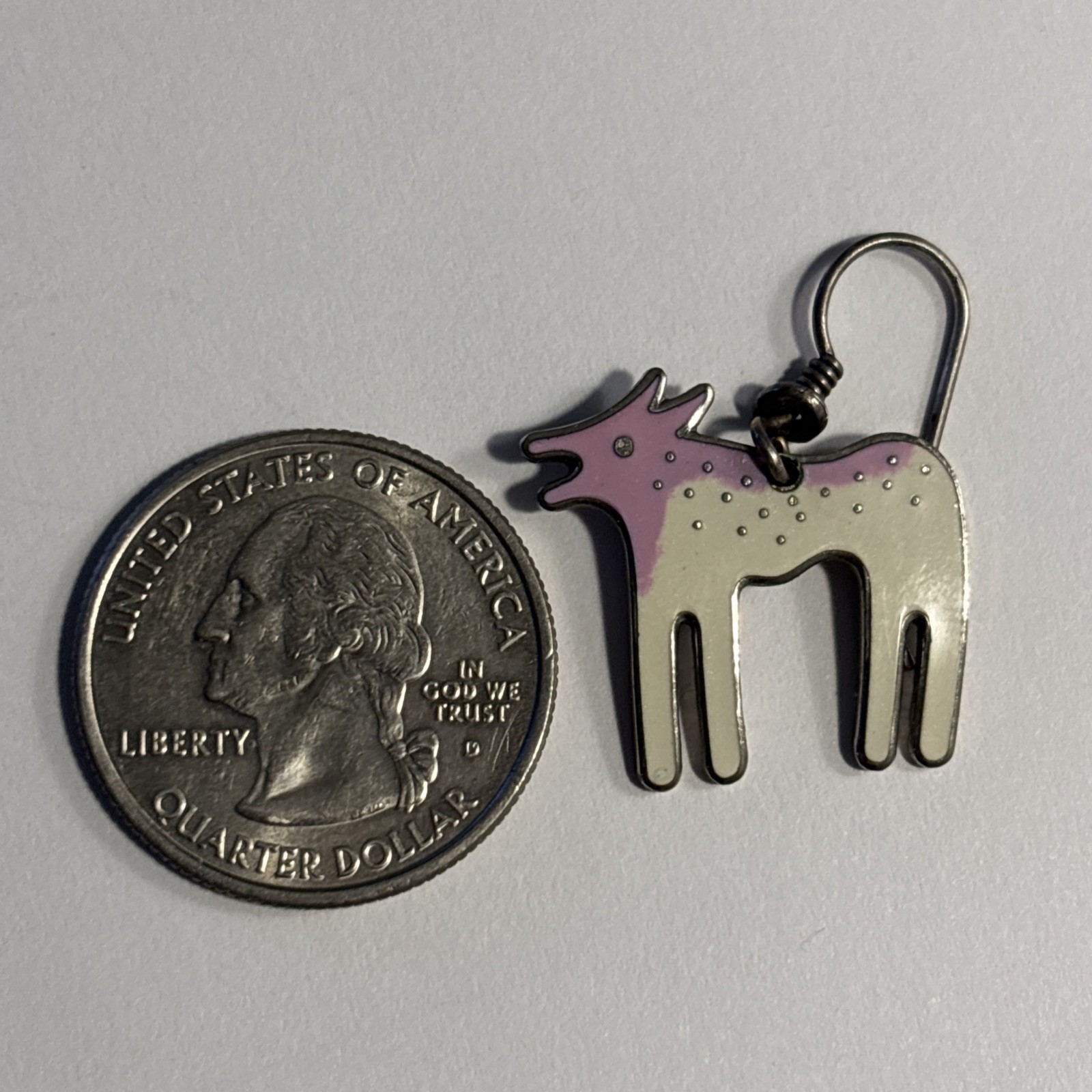 LAUREL BURCH “WILD DOG” DANGLE EARRINGS,SOFT PINK,WHITE ENAMEL, SIGNED, vintage