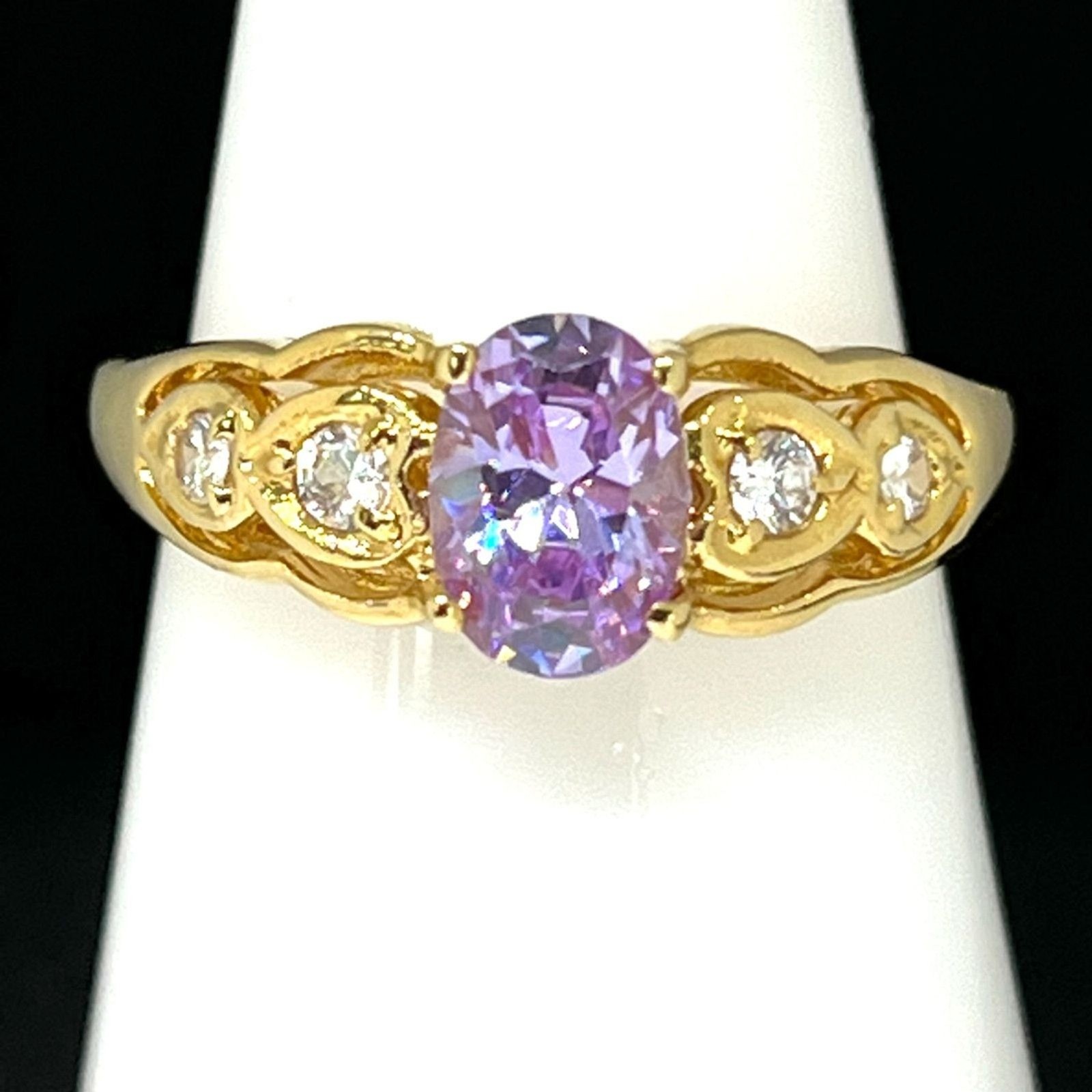 Vintage 1980s Ring Size 7 Lavender CZ Prong Set Gold Plated Band – 14J