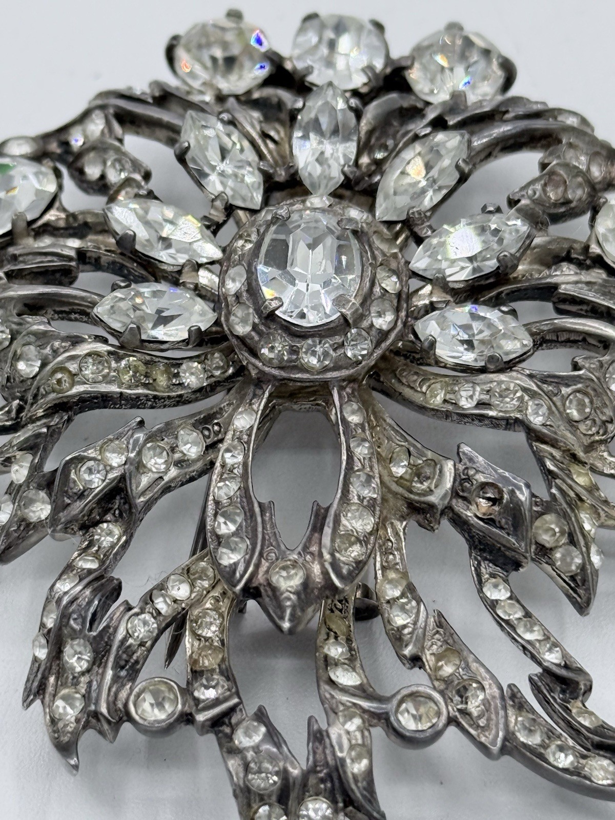 GIGANTIC 1940 Original Vintage EISENBERG Sterling silver RHINESTONE Fur Clip PIN