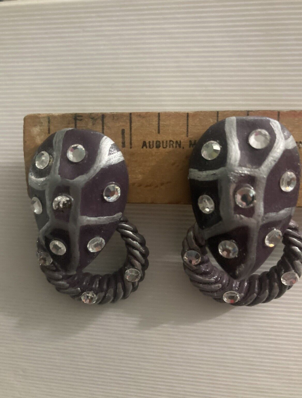 VTG Jeff Lieb Clip Earrings Purple/Silver/ Rhinestone One Of A Kind Handmade