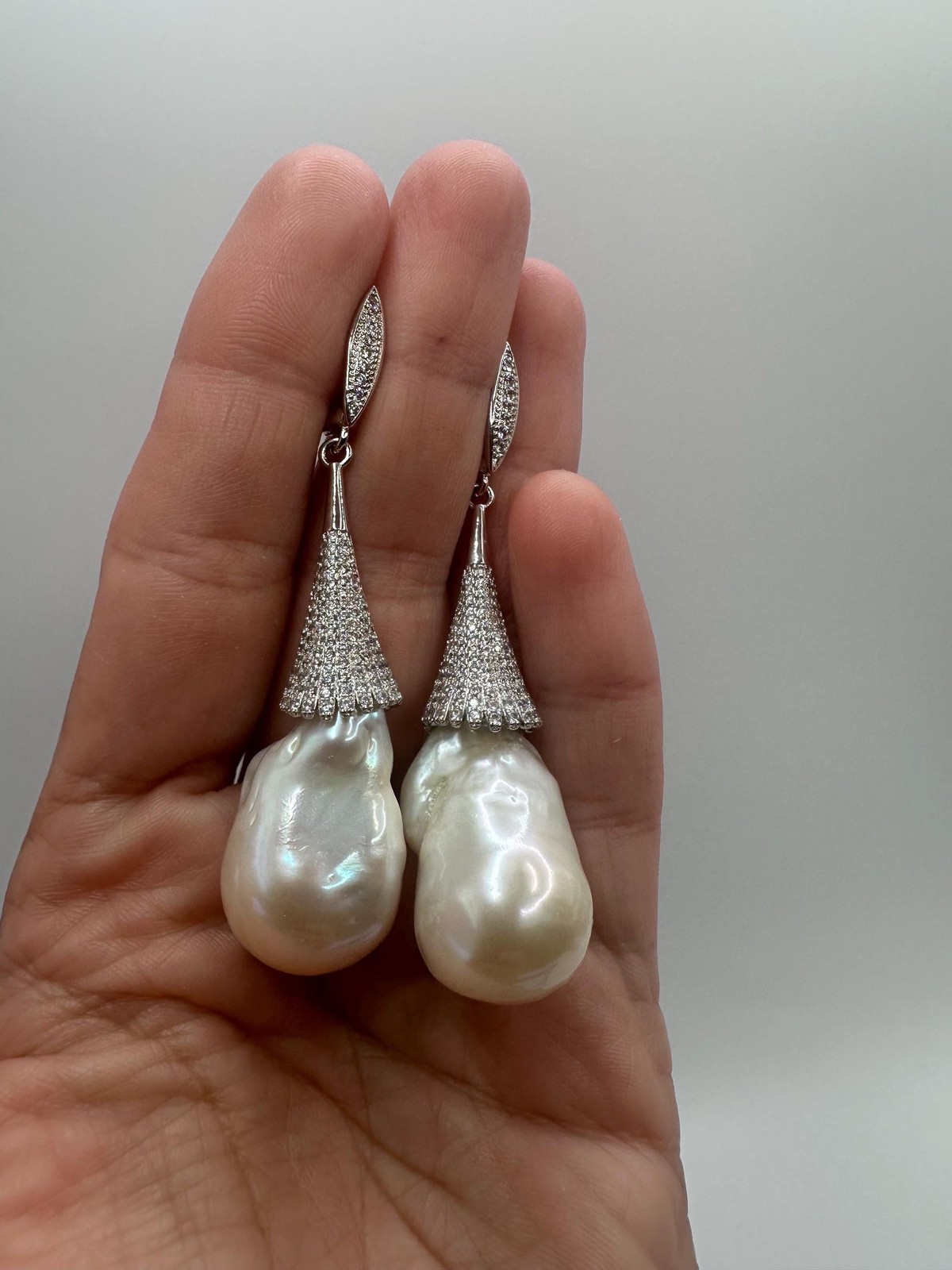2.6” White Baroque Flameball Pearl Drop Earrings CZ Leverback Bridal Gift