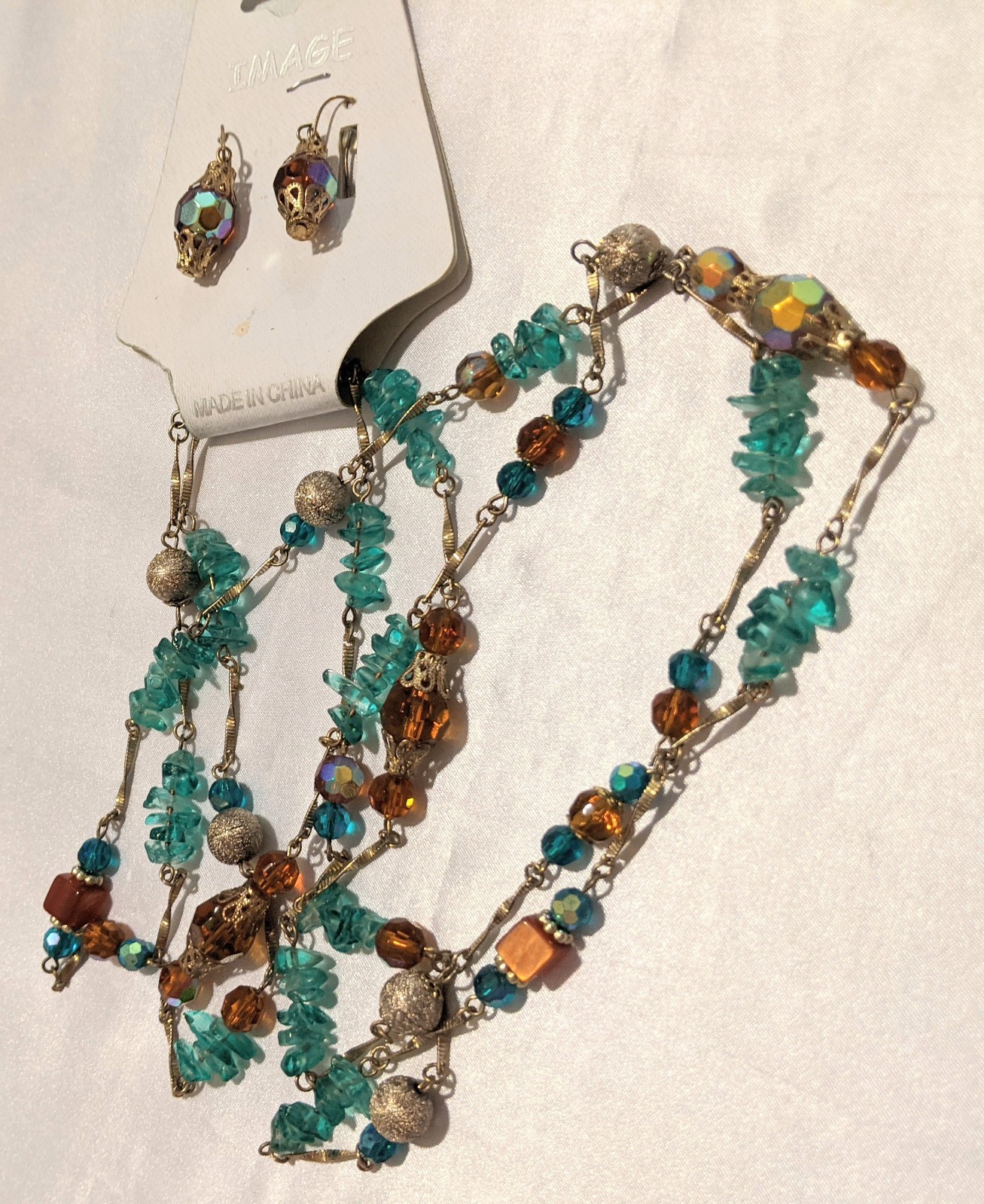 Vintage Bohemian Ethnic Long Necklace and Earrings Set AB Glass Beads Gold Tone