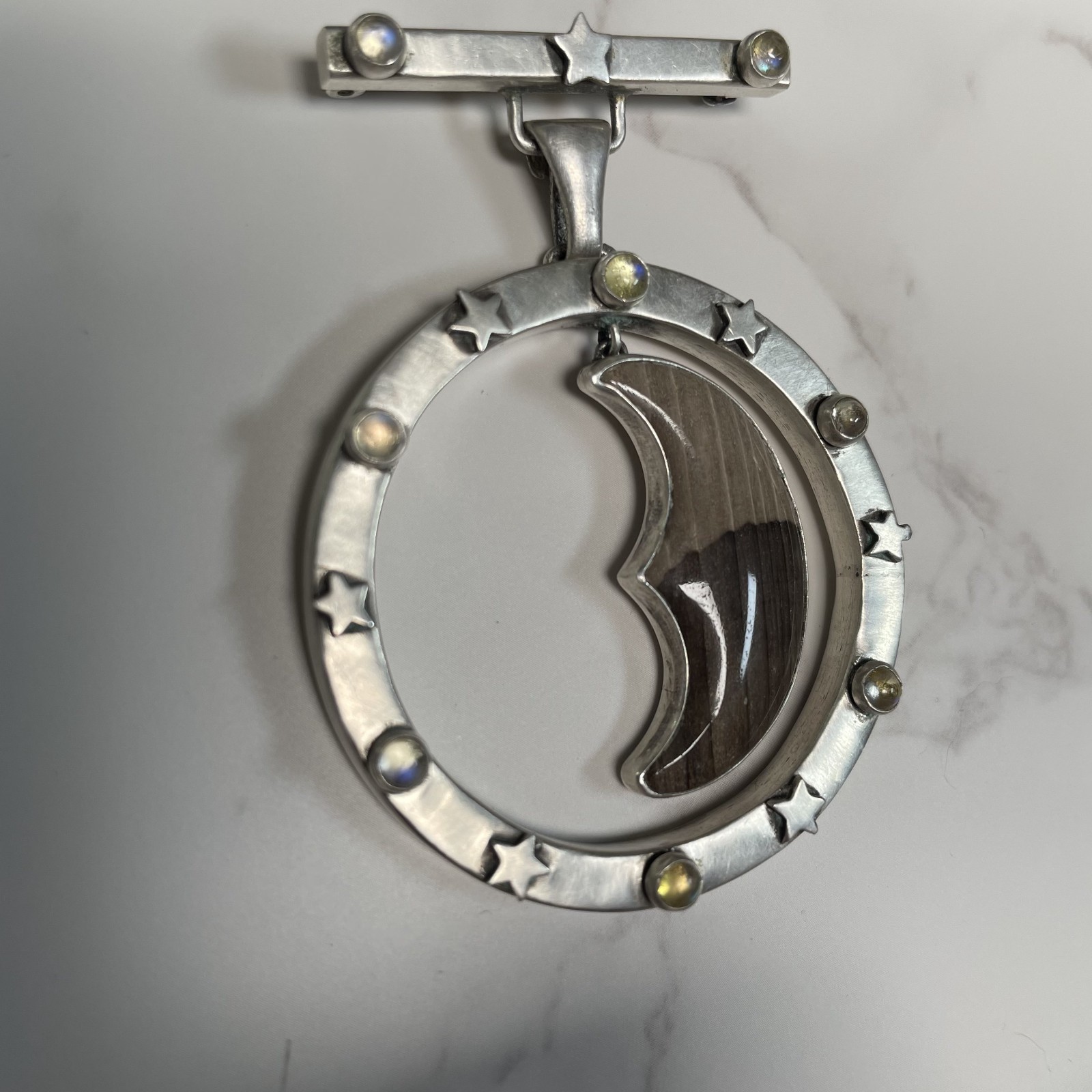 Ken Kantro 29gram S Silver Pendant & Brooch Crescent Moon, Chatoyant Tiger’s Eye